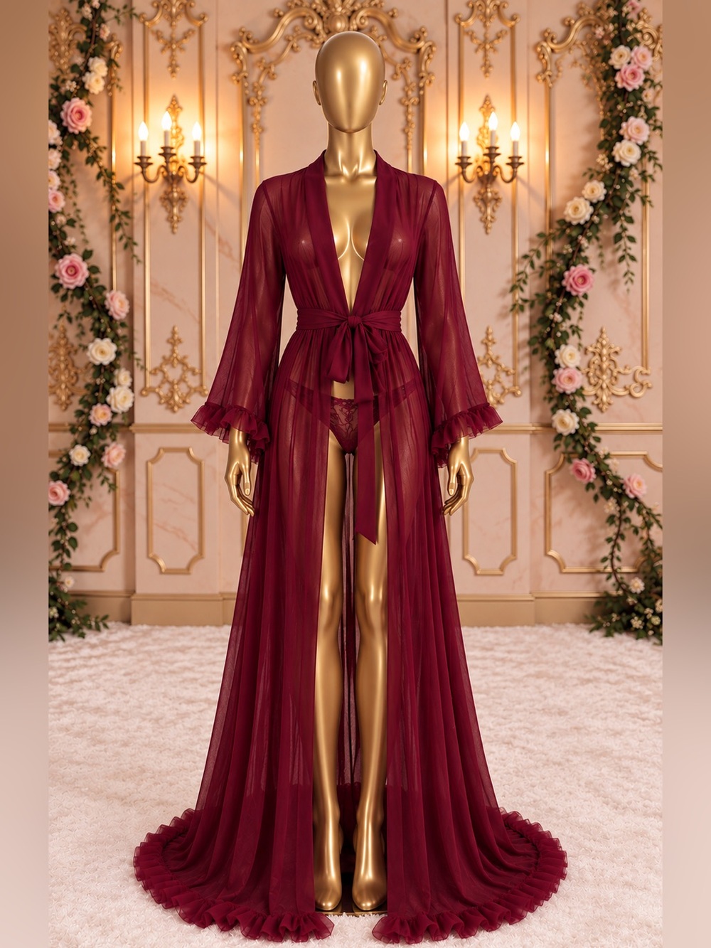 Burgundy Sheer Mesh Floor-Length Ruffle Robe – Bell Sleeve